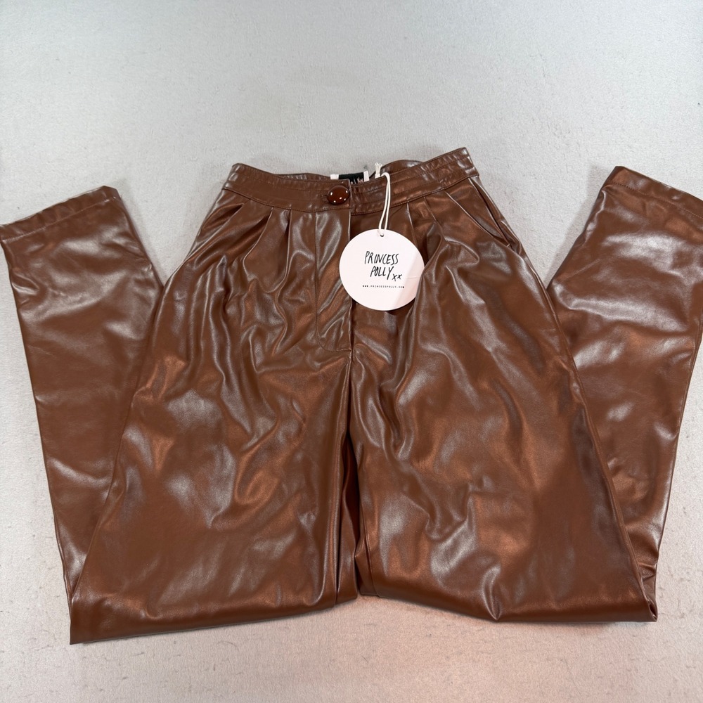 Princess Polly Brown Faux Leather Pleated High Waist Pants Size 0 US